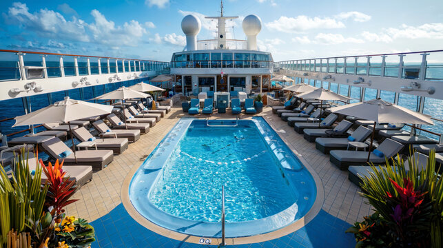 A sunny pool deck on a luxury Caribbean cruise ship with a sparkling pool, loungers, umbrellas, and tropical plants, overlooking the ocean.