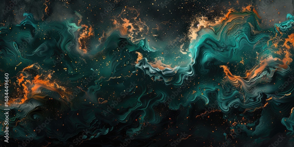 Poster 3d layered abstract waves in turquoise and orange on a dark background. background image of abstract