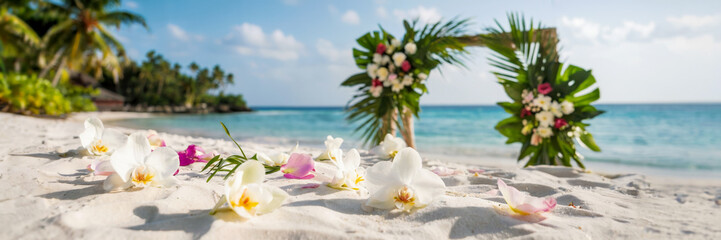 Close-up of pristine white sand with delicate tropical flowers scattered and floral arch on background, details of caribbean wedding, long banner