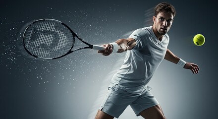 Focused tennis player hitting the ball with powerful forehand stroke action