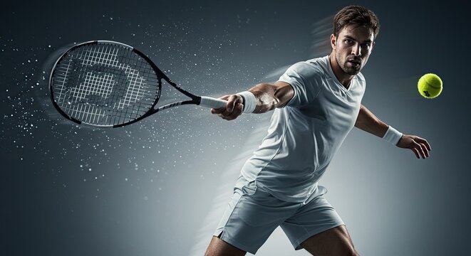 Focused tennis player hitting the ball with powerful forehand stroke action