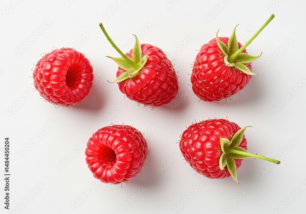 Poster five ripe raspberries with green stems are arranged on a white surface in a studio setting