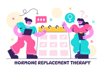 Vector Illustration of HRT or Hormone Replacement Therapy Acronym Featuring Hormone Medication and Medical Treatment in a Healthcare Background