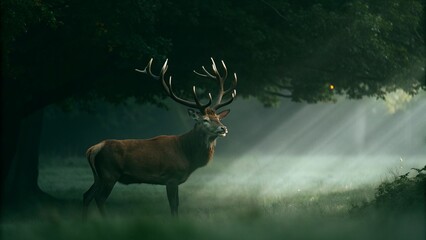 Majestic Red Deer Stag in Misty Forest Sunlight