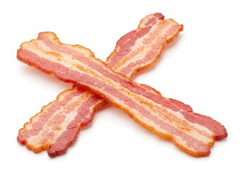 Two slices of crispy bacon are crossed on a white background showing the texture and fat content