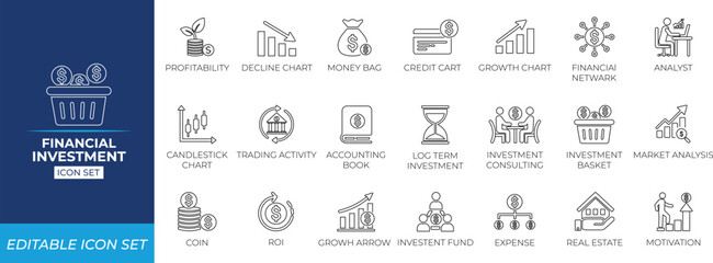 Financial investment line icon set. Solid line icon collection design.