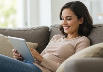 Young woman smiles while using a digital tablet device on a comfortable couch at home