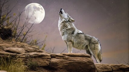 Fototapeta premium Lone Wolf Howling at the Moon Majestic Night Scene