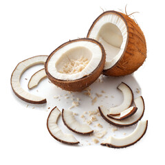 Half cracked coconut piece and slices arrangement featuring natural coconut flakes isolated on transparent background