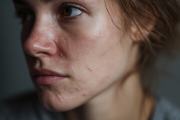 Obraz premium Contemplative portrait of woman with facial scars, highlighting natural beauty and resilience