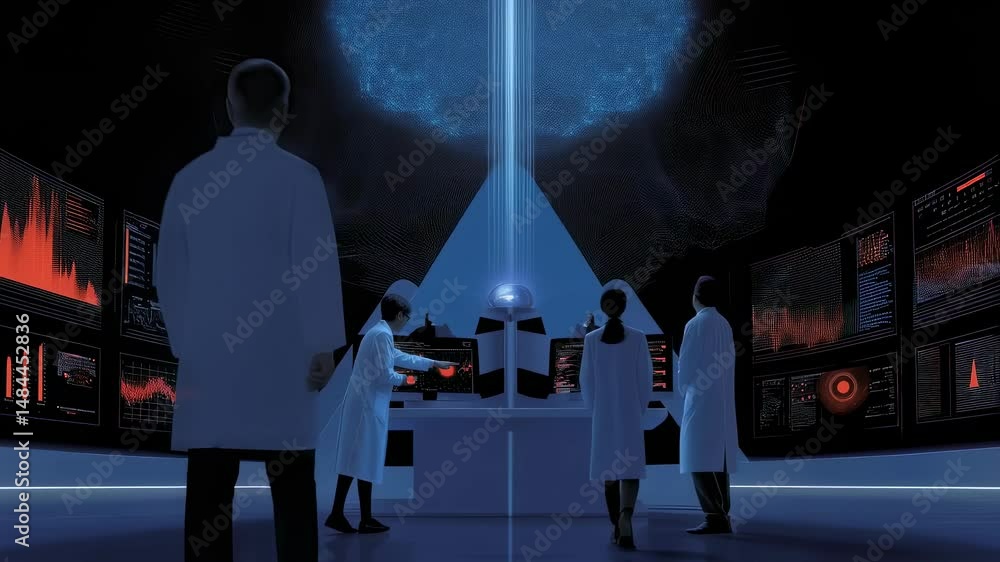 Poster three scientists in white coats are analyzing data from a glowing orb emitting a beam of light in a 