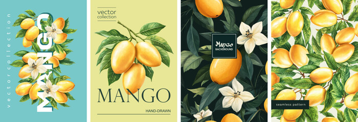 Hand drawn set of designs and patterns. Vectorized gouache illustrations. Illustrations of yellow mango with flowers and leaves for poster, prints, menu, card or textile