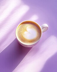 Heart-shaped latte art in a white mug on a lavender surface