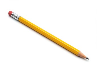 A yellow pencil with a pink eraser lies diagonally on a white background