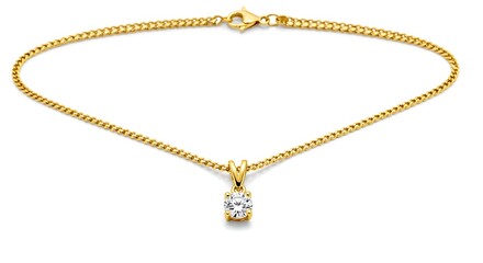A gold necklace with a diamond pendant on a white background
