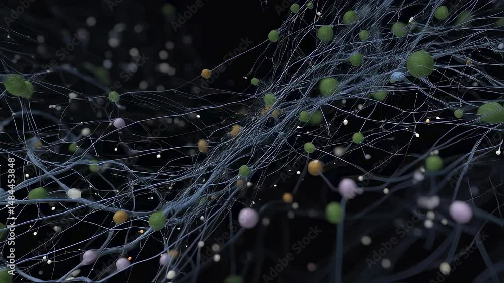 Poster complex network structure with interconnected nodes transmitting electrical signals, symbolizing a n