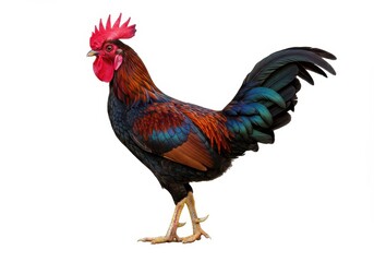 Fototapeta premium A colorful rooster stands isolated against a white background showing its vibrant plumage