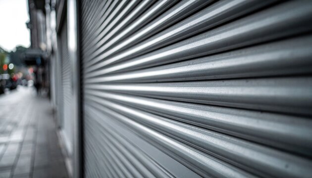 Close Up Of Gray Rolling Shutter On Store Front