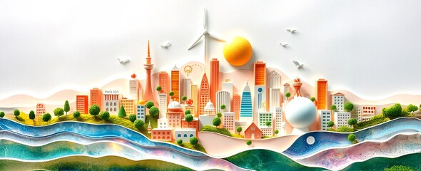 Sustainability ESG, green energy, sustainable industry with windmills and solar energy panels. Environmental, Social, and Corporate Governance concept.
