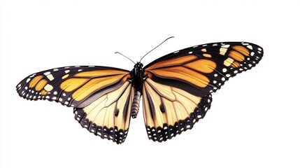 Fototapeta premium Flying monarch butterfly isolated mid air motion captured with detailed wings realistic light reflection and high resolution clarity overlay cut out on isolated transparent removed background
