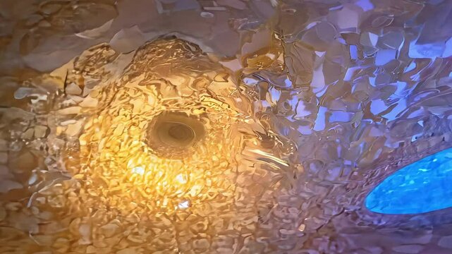 a 360-degree video rotating around a translucent alabaster wall panel revealing crystalline internal patterns and veining illuminated by shifting color gel light concept of abstract material beauty