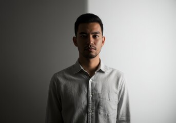Fototapeta premium Young man with serious expression stands in front of a wall with dramatic lighting