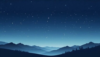 Serene night scene featuring stylized dark mountains under a star-filled, gradient blue sky.