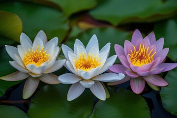 Three water lilies, two white, one pink, bloom in a pond