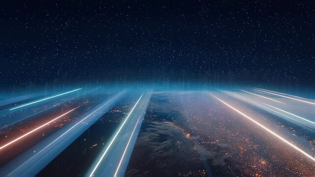 Light beams radiating across planetary surface, spreading luminous energy symbolizing intricate global communication networks and digital world connectivity from high altitude cosmic perspective