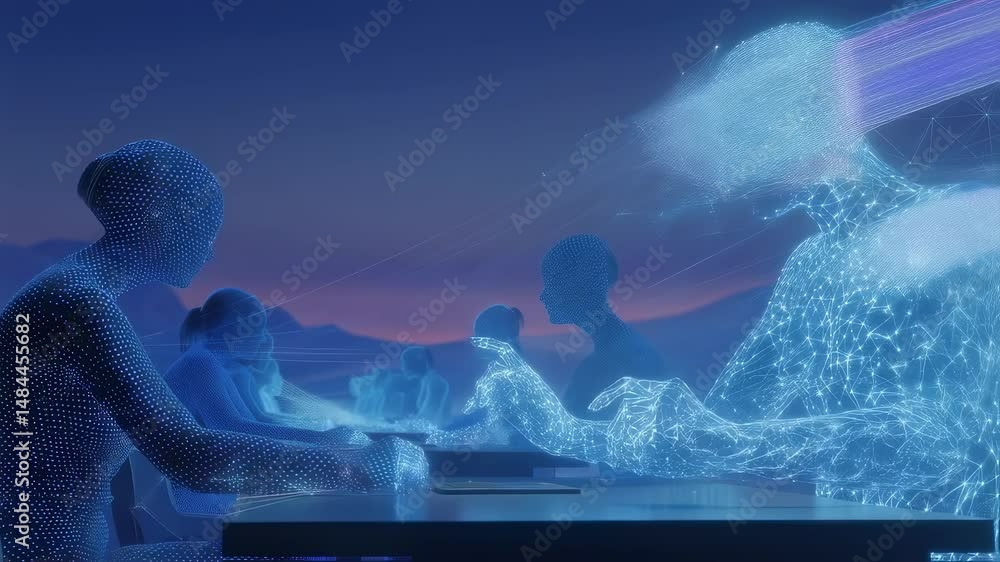 Poster digital wireframe silhouettes collaborating, exchanging data while transforming into luminous partic