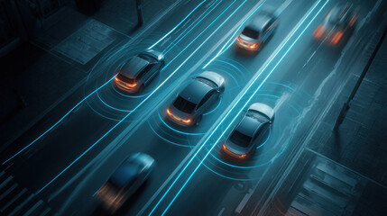 Obraz premium Top view futuristic traffic flow with glowing path projections and car sensors visualized, concept of intelligent driving and predictive safety tech