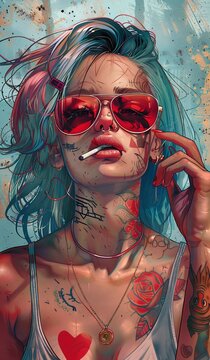 A tattooed woman with colorful hair and red-tinted sunglasses smokes a cigarette, her bold appearance set against a textured, abstract background reminiscent of a comic book illustration.