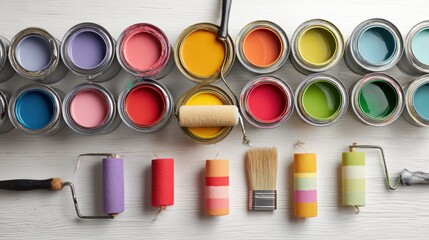 Colorful paint cans and tools for home painting project