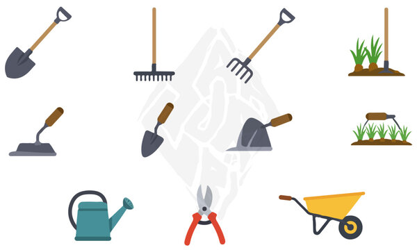Flat Design Garden Tool and Plant Illustrations, A collection of flat design illustrations featuring various garden tools and potted plants, depicted in a simple and modern style, perfect for gardenin