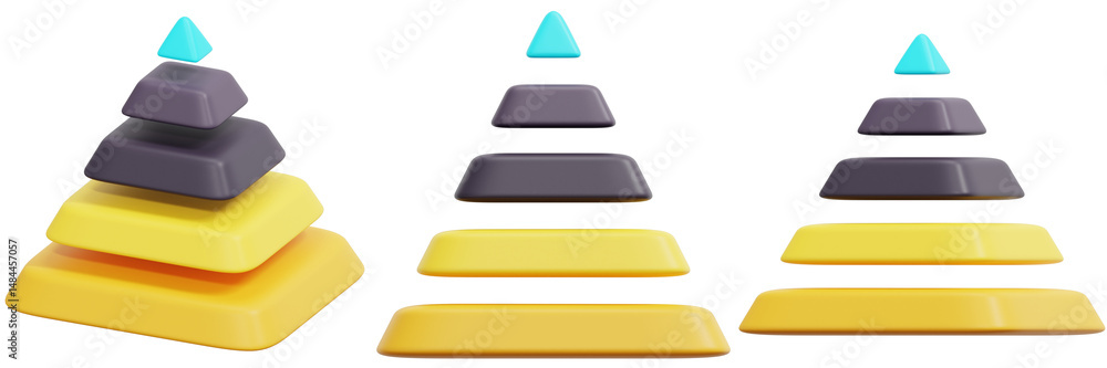 Poster set of abstract 3d geometric pyramid with gold and gray layers 3d render icon illustration