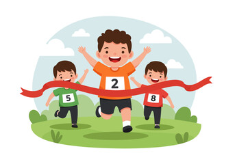 Three Cheerful Cartoon Boys Racing Crossing the Finish Line with Joy