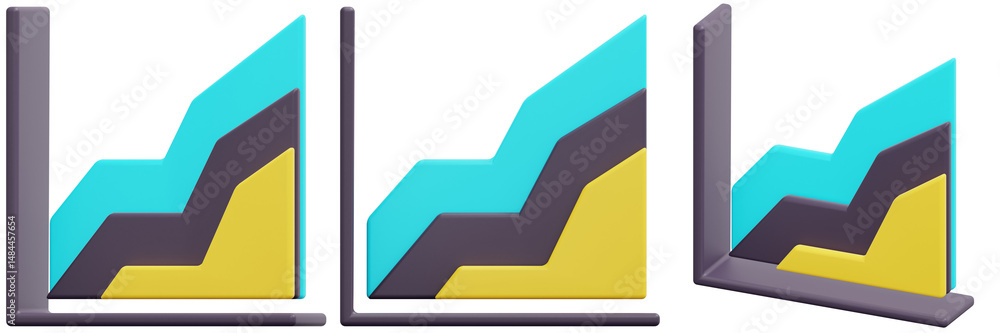 Poster set of chart showing data growth with teal gray and yellow sections 3d render icon illustration
