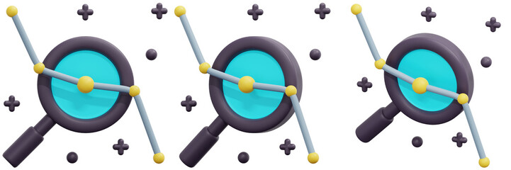 Set of Magnifying Glasses with Cyan Lenses and Gray Constellations 3d Render Icon Illustration