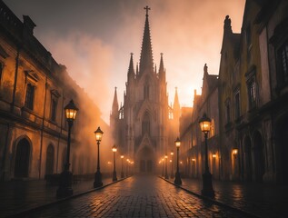 Misty European City Street with Gothic Church and Warm Streetlights