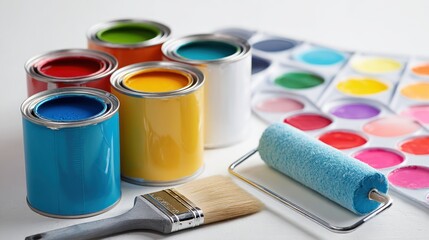 Assorted paints, paintbrushes, and rollers for painting projects