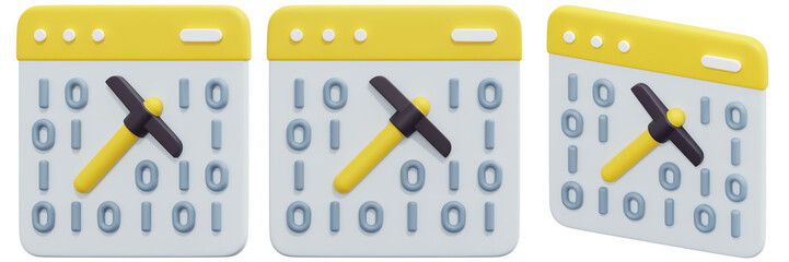 Set of Yellow Pickaxe on a Calendar Icon with Binary Code 3d Render Icon Illustration