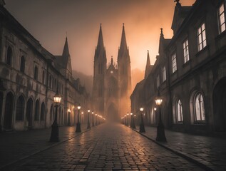 Fototapeta premium Misty European Town Street Leading to a Dramatic Gothic Cathedral