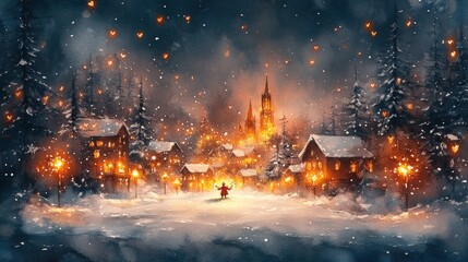 Snowy winter village, glowing lanterns.  A magical scene, with a lone figure amidst twinkling lights