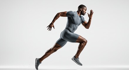 Muscular athletic man sprinting in sportswear against a white background