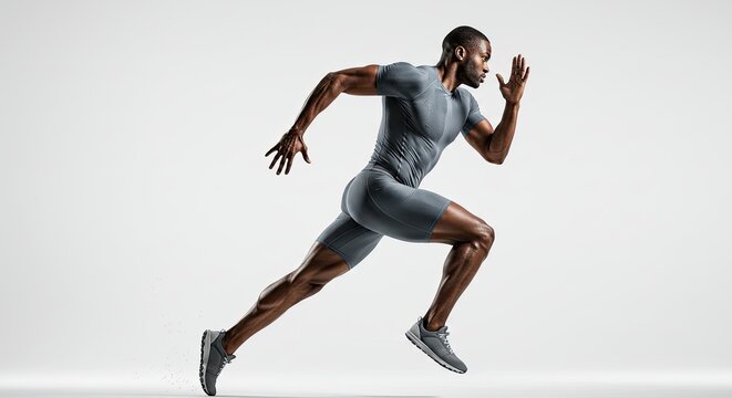Muscular athletic man sprinting in sportswear against a white background