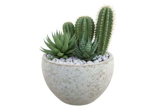 白い鉢に植えられたサボテンと多肉植物の緑のコレクション 静止画 透明な背景に分離された背景