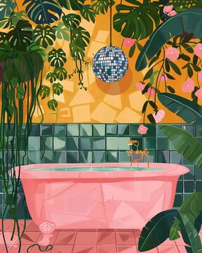 A whimsical bathroom scene featuring a pink claw-foot bathtub surrounded by lush green plants, pink flowers, and a disco ball, exuding a sense of serenity and invitation.