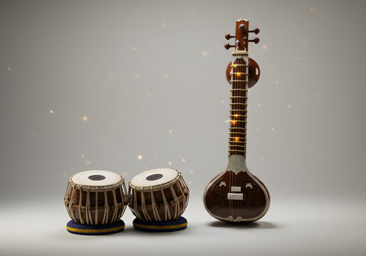 Traditional string instrument with tabla drums on a neutral background
