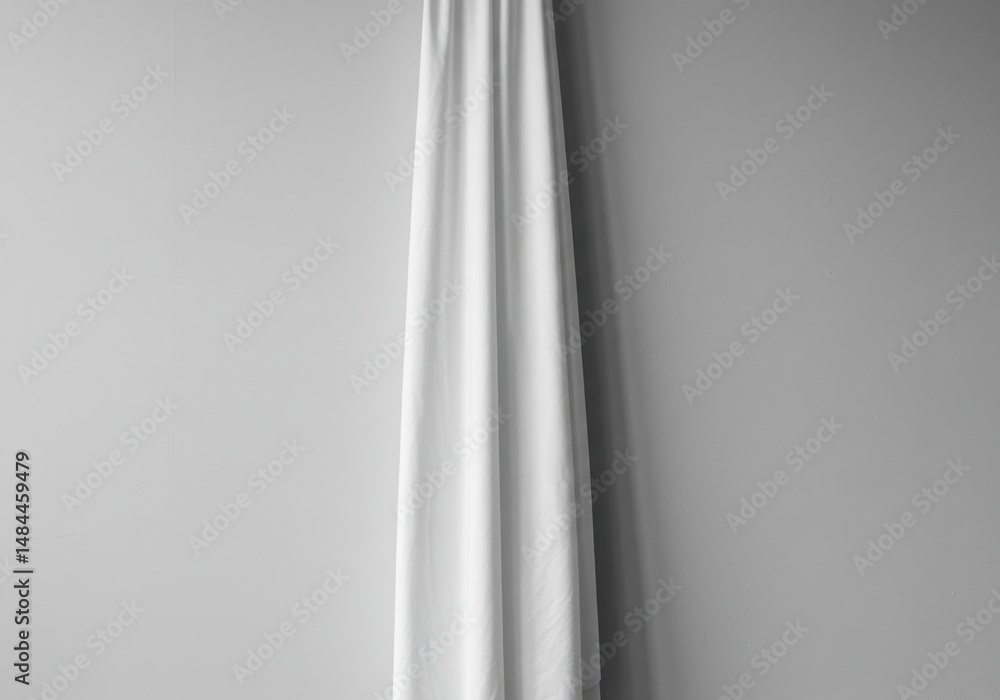 Poster white fabric hanging vertically against a textured gray wall creating a simple backdrop