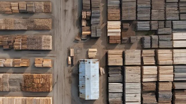 Neat rows of wood planks and logs densely packed within industrial lumber warehouse, highlighting organized timber storage and large scale production infrastructure